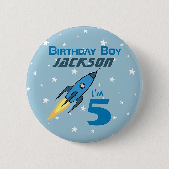 Blue Retro Rocket Ship Personalized Birthday Boy Pinback Button (Front)