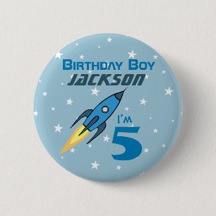 Blue Retro Rocket Ship Personalized Birthday Boy Pinback Button