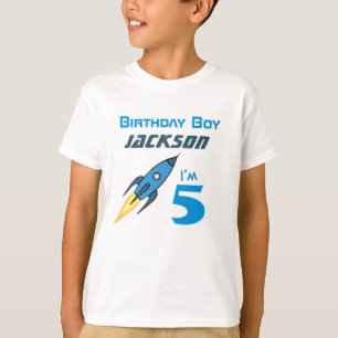 Blue Retro Rocket Ship Personalized Birthday Boy T-Shirt