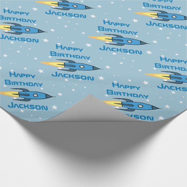 Blue Retro Rocket Ship Personalized Birthday Boy Wrapping Paper (Corner)