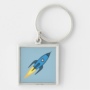 Blue Retro Rocket Ship Simple Modern Outer Space Keychain