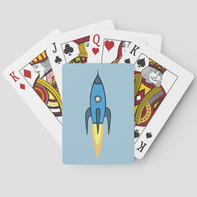 Blue Retro Rocketship Cute Cartoon Design Poker Cards (Back)