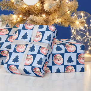Blue Retro Santa Claus Christmas Tree Tartan Plaid Wrapping Paper