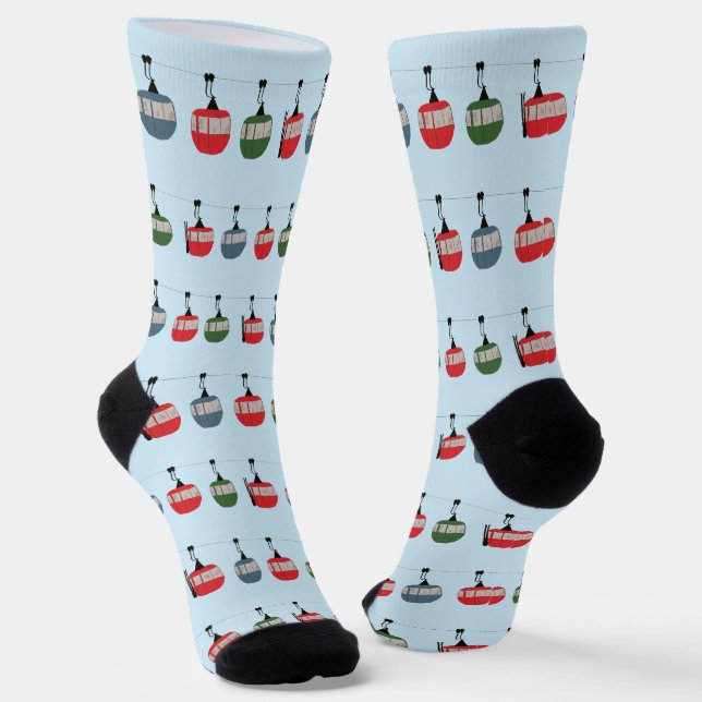 Blue Retro Ski Lift Gondola Winter Skiers Socks (Angled)