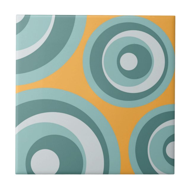 Blue retro style circles on yellow background ceramic tile (Front)