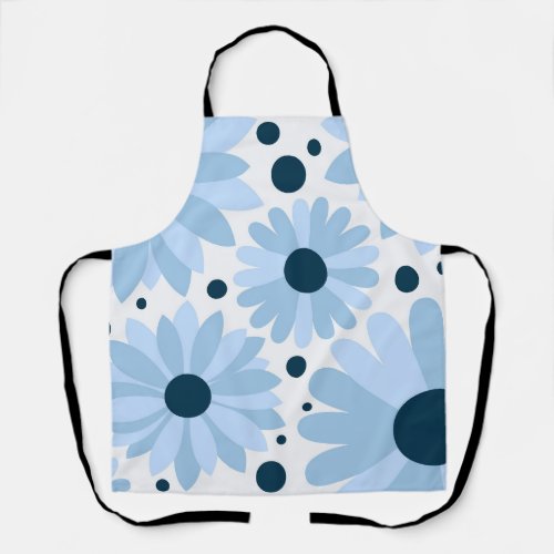 Blue retro style daisies and dark blue dots apron