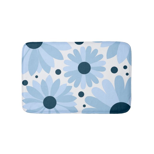 Blue retro style daisies and dark blue dots bath mat (Front)