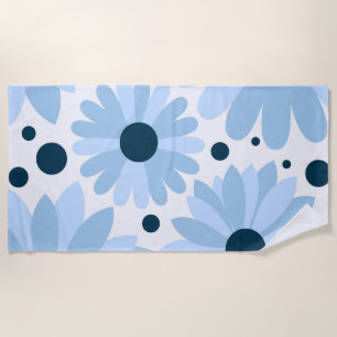 Blue retro style daisies and dark blue dots beach towel