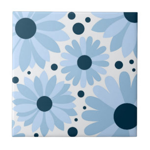 Blue retro style daisies and dark blue dots ceramic tile