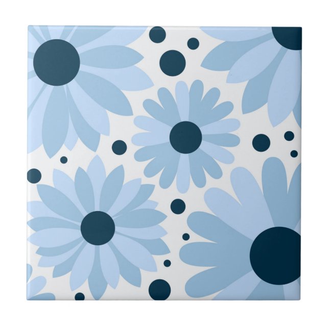 Blue retro style daisies and dark blue dots ceramic tile (Front)