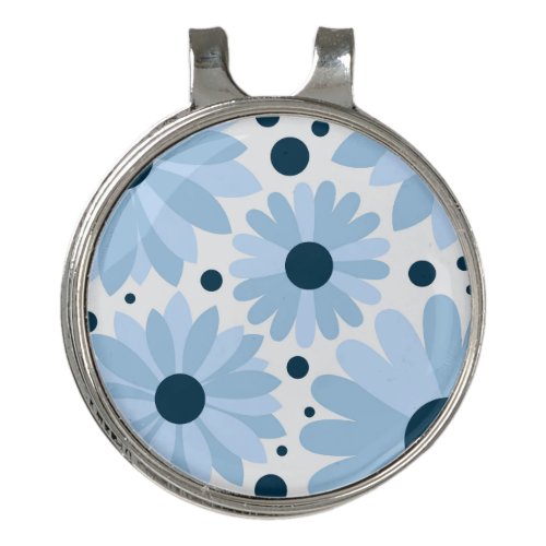 Blue retro style daisies and dark blue dots golf hat clip