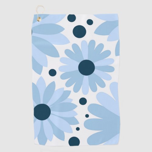 Blue retro style daisies and dark blue dots golf towel