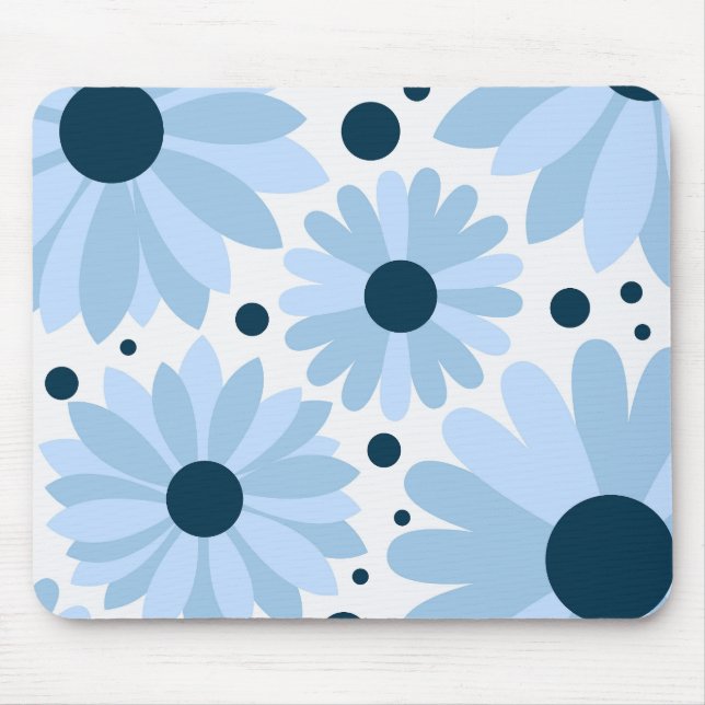 Blue retro style daisies and dark blue dots mouse pad (Front)