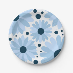 Blue retro style daisies and dark blue dots paper plates