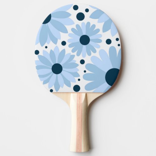 Blue retro style daisies and dark blue dots ping pong paddle