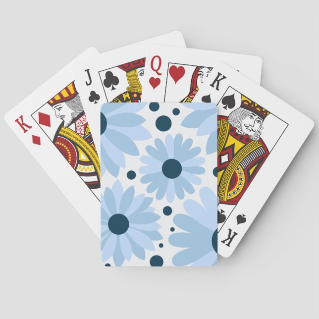 Blue retro style daisies and dark blue dots poker cards (Back)