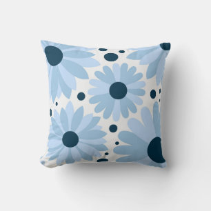Blue retro style daisies and dark blue dots throw pillow