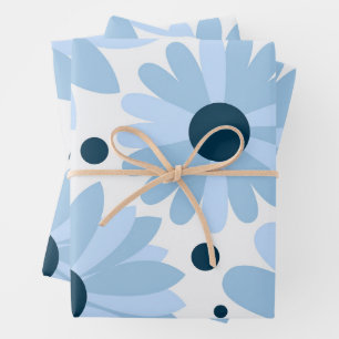 Blue retro style daisies and dark blue dots wrapping paper sheets
