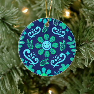 Blue Retro Style Floral and Sun Symbol Pattern Ceramic Ornament