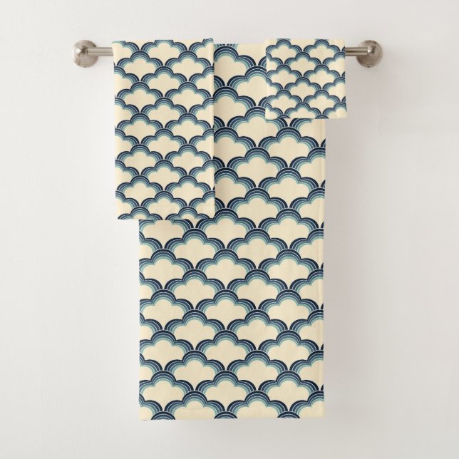Blue retro style waves pattern bath towel set (Insitu)