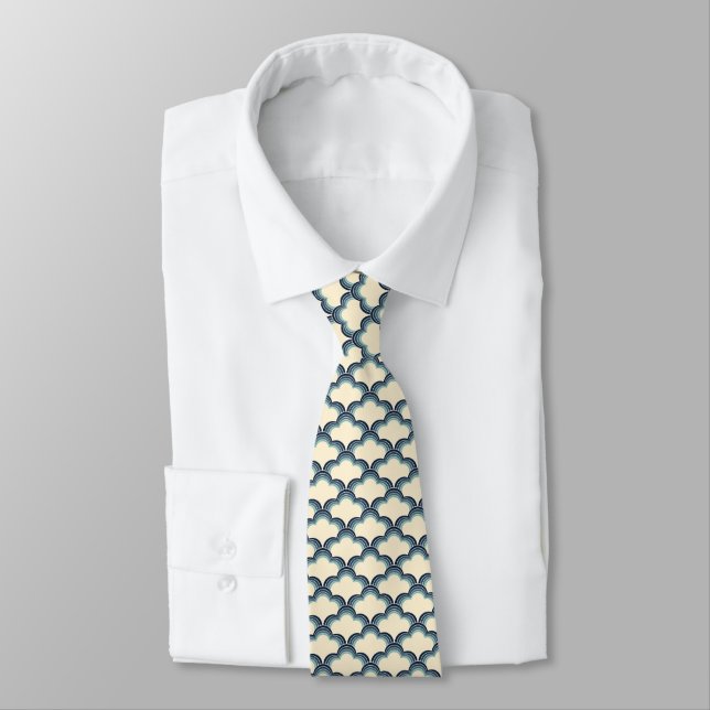 Blue retro style waves pattern neck tie (Tied)