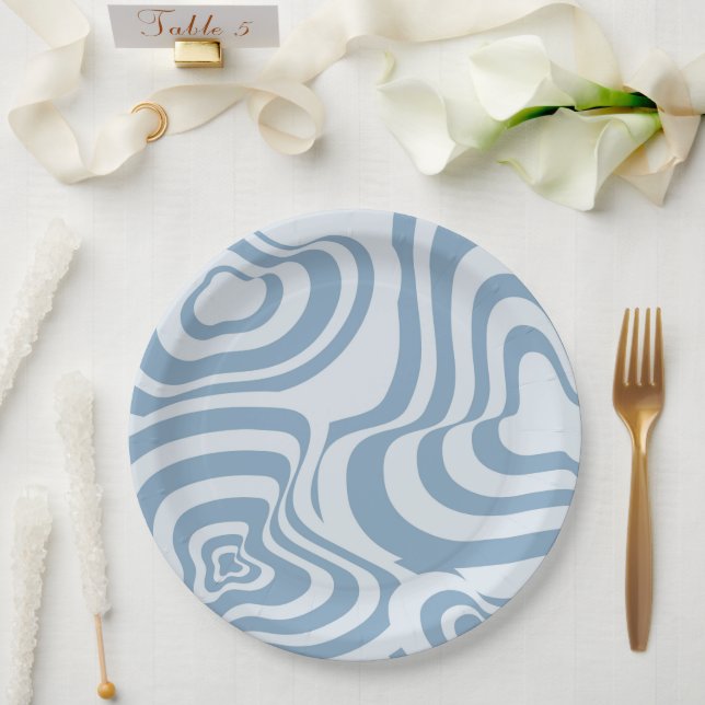 Blue Retro Swirl Groovy Y2K Pattern  Paper Plates (Wedding)