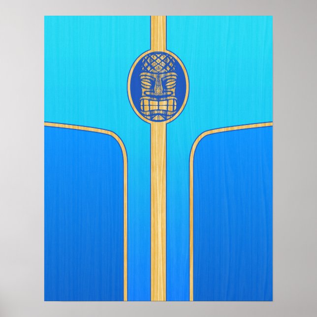 Blue Retro Tiki Surfboard Poster (Front)