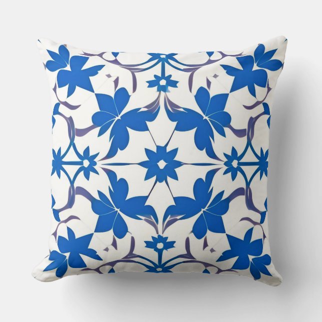 Blue Retro Tile Design Influence Throw Pillow (Front)