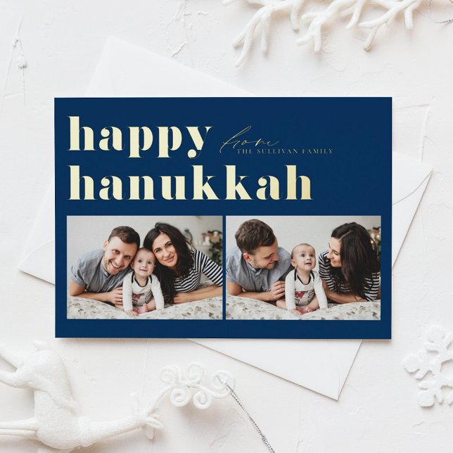 Blue Retro Typography Happy Hanukkah Two Photo Foil Holiday Postcard (Creator Uploaded)