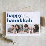 Blue Retro Typography Happy Hanukkah Two Photo Holiday Card<br><div class="desc">Happy Hanukkah! Send your Hanukkah greetings to family and friends with this customizable photo Hanukkah card. It features retro bold typography. Personalize by adding your details. This custom Hanukkah card is available on other colors and cardstock. Matching items are available.</div>