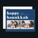 Blue Retro Typography Happy Hanukkah Two Photo Holiday Postcard<br><div class="desc">Happy Hanukkah! Send your Hanukkah greetings to family and friends with this customizable photo Hanukkah card. It features retro bold typography. Personalize by adding your details. This custom Hanukkah card is available on other colors and cardstock. Matching items are available.</div>