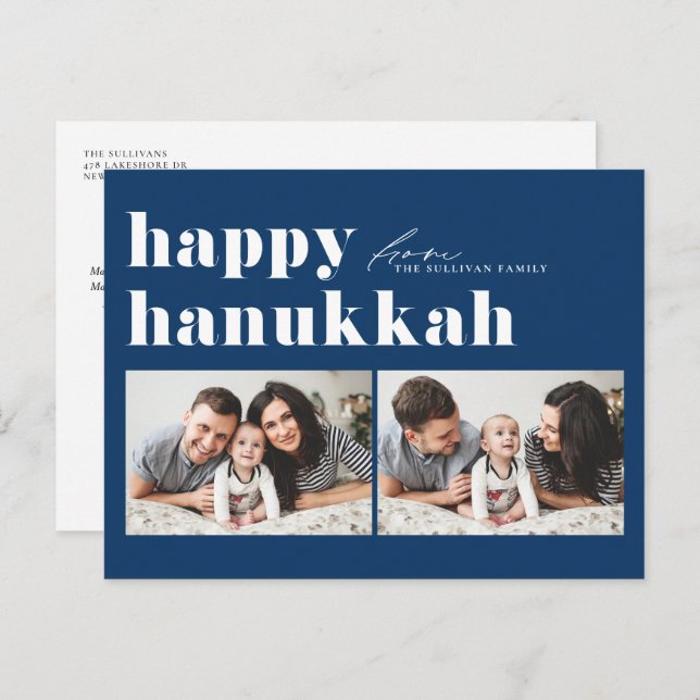 Blue Retro Typography Happy Hanukkah Two Photo Holiday Postcard (Front/Back)