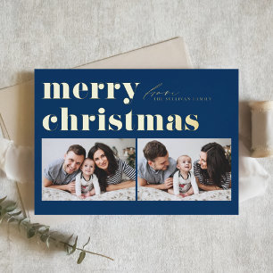 Blue Retro Typography Merry Christmas Two Photo Foil Holiday Card