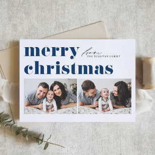Blue Retro Typography Merry Christmas Two Photo Holiday Card