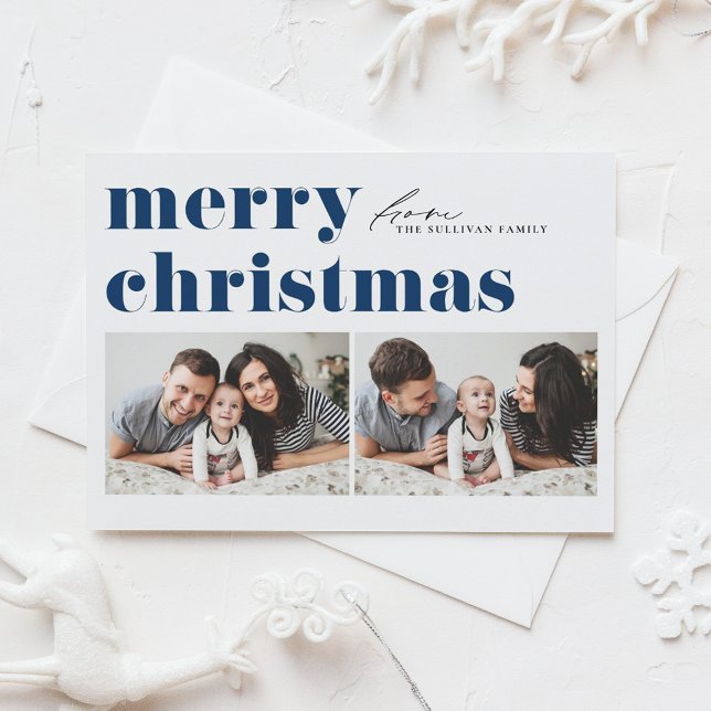 Blue Retro Typography Merry Christmas Two Photo Holiday Postcard (Creator Uploaded)
