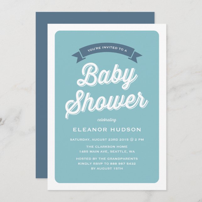 Blue Retro Typography Script Classic Baby Shower I Invitation (Front/Back)