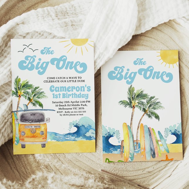 Blue Retro Van Wave Surf The Big One 1st Birthday Invitation (Editable Boys the Big One Surfing 1st Birthday Invitation,  Retro Boy Surf Van Surfboard Beach Party)
