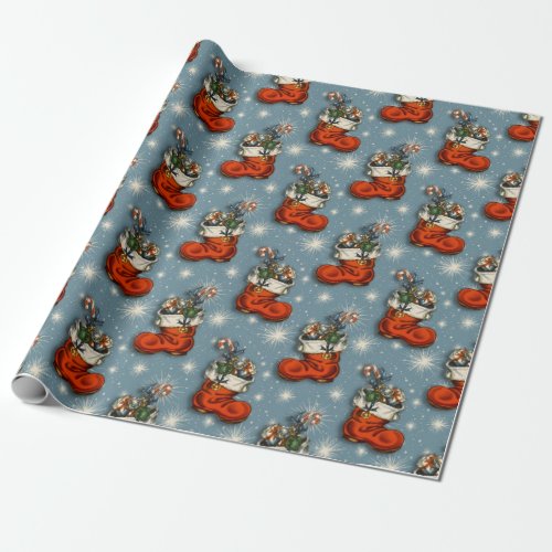 Blue Retro Vintage Christmas Santa Boots Wrapping Paper