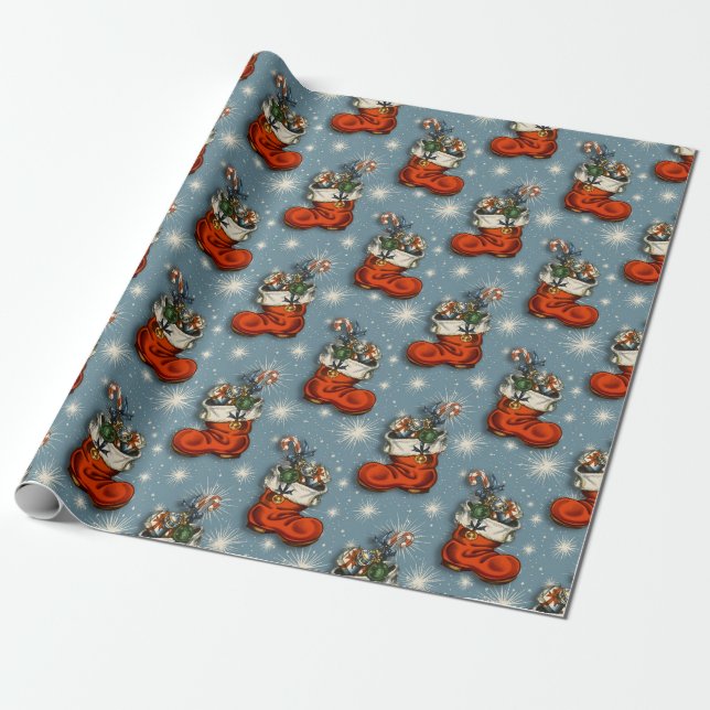 Blue Retro Vintage Christmas Santa Boots Wrapping Paper (Unrolled)