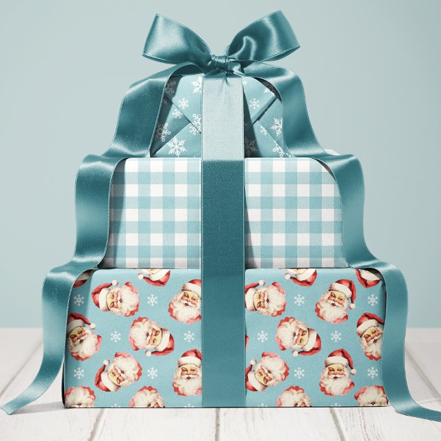 Blue Retro Vintage Santa Christmas Wrapping Paper Sheets (Creator Uploaded)