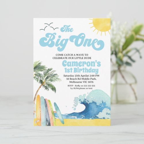 Blue Retro Wave Surf The Big One 1st Birthday Invitation