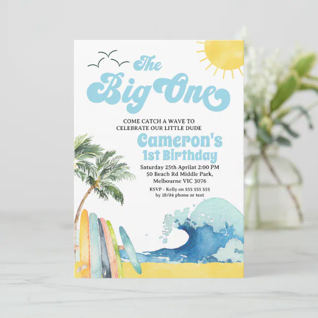 Blue Retro Wave Surf The Big One 1st Birthday Invitation | Zazzle