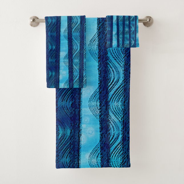 Blue Retro Wave Unique Cool Pattern Bath Towel Set (Insitu)