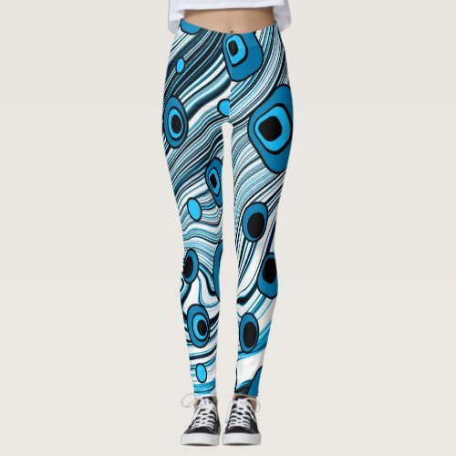 Blue Retro Wavy Art with Black and White Color Leggings