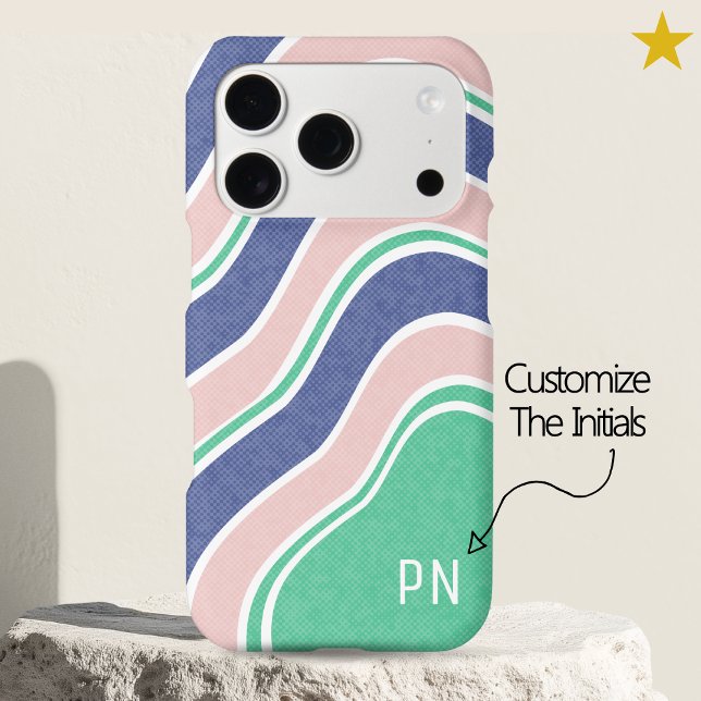 Blue Retro Wavy Stripes Custom Initial Monogram iPhone Case (Creator Uploaded)