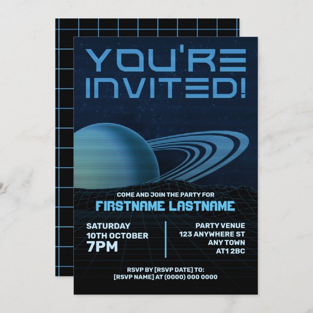 Blue Retrowave Party Invitation (Front/Back)
