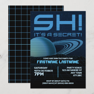 Blue Retrowave Surprise Birthday Party Invitation