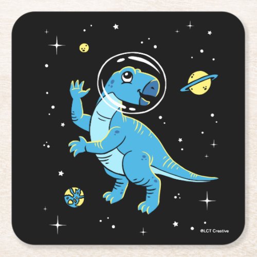 Blue Rhabdodon Dinos In Space Square Paper Coaster