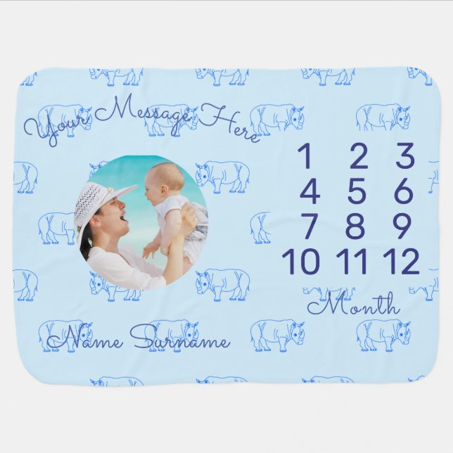 Blue Rhino Pattern 1st birthday Photo Milestone Baby Blanket (Horizontal)