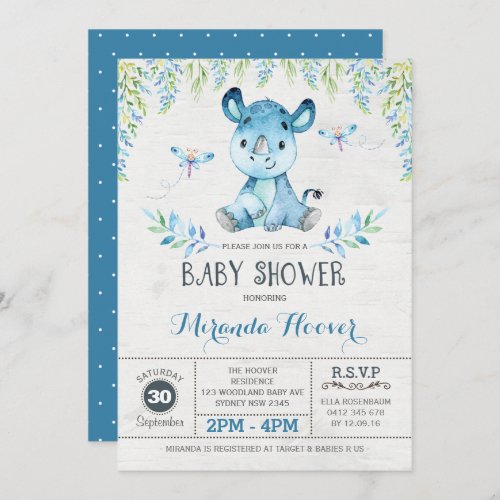 Blue Rhinoceros  Jungle Rhino Boy  Baby Shower Invitation